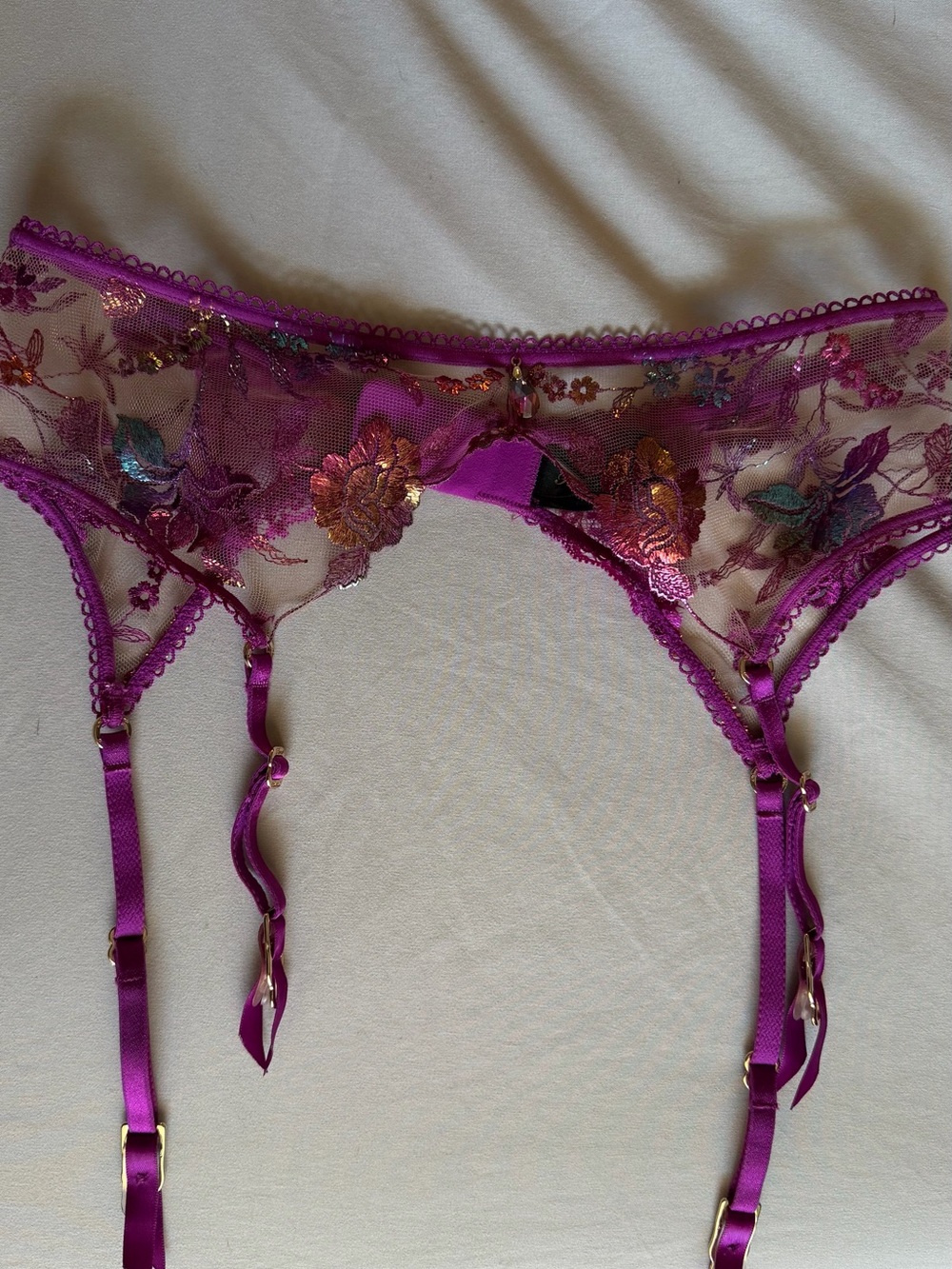 Honey Birdette Purple Sheer Floral Embroidered Garter Belt